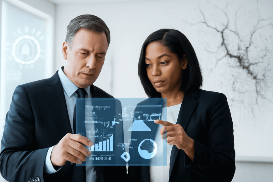 Executives reviewing AI-driven BI dashboards in a U.S. corporate setting, visually representing the growing divide between innovation and data security.