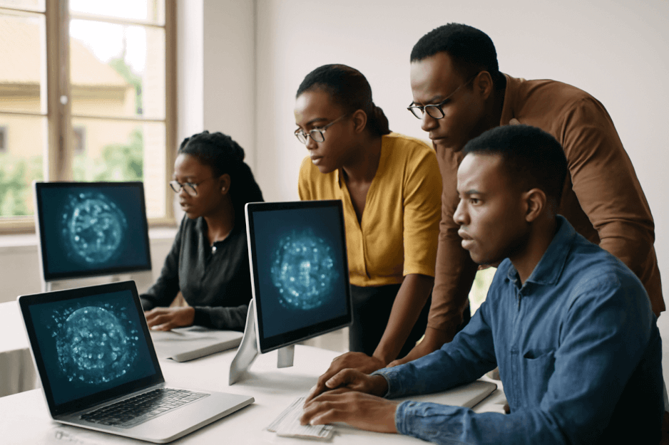 Diverse African AI professionals collaborating in a modern tech workspace, representing the continent’s emerging but underfunded AI ecosystem.