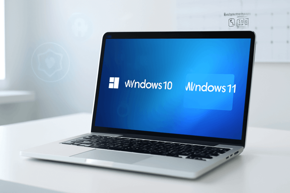 A professional depiction of the Windows 10 to Windows 11 transition on a sleek laptop, symbolizing Microsoft’s October 2025 end-of-support milestone.