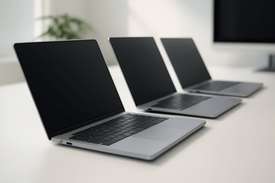 A clean, modern lineup of 2025 high-end laptops arranged on a white desk — representing the top AI-powered devices of the year.