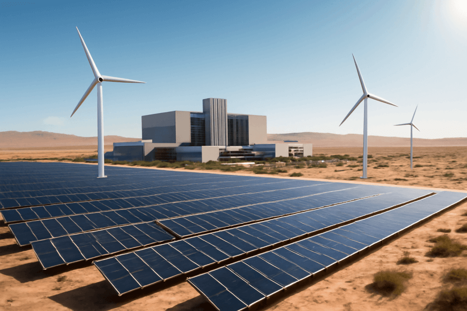 An aerial view of African solar and wind farms integrated with a futuristic data center — symbolizing the continent’s potential to power AI with clean energy.