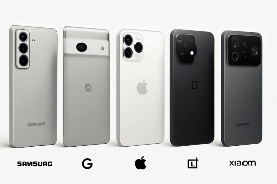 A minimalist lineup of top 2026 AI-powered smartphones under $999 from Samsung, Google, Apple, OnePlus, and Xiaomi—captured on a clean white background for a professional look.
