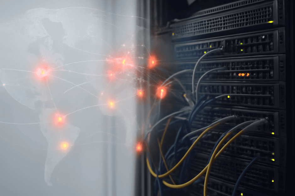 A realistic data center scene illustrating a global internet service disruption, representing the November 18, 2025 Cloudflare outage that affected digital infrastructure worldwide.