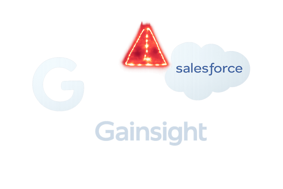 Professional white-background image depicting Google, Salesforce, and Gainsight logos interconnected by digital data flow lines to symbolize the large-scale supply-chain cyber breach reported by Google.