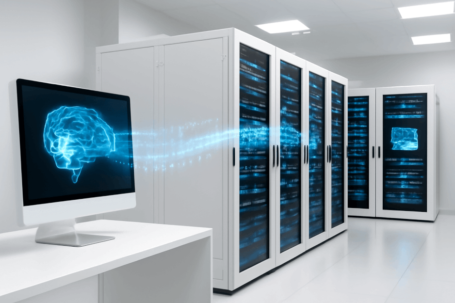 A professional, realistic image of a secure enterprise data center representing MCP server environments where AI models interact with live enterprise data — symbolizing trust, protection, and modern AI infrastructure security.