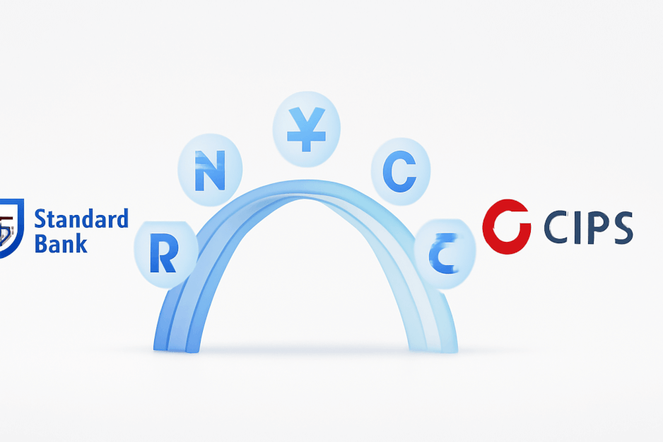 A professional business-fintech themed image displaying Standard Bank and CIPS logos connected by a digital trade bridge, symbolizing Africa-China financial integration under the zero-tariff era.