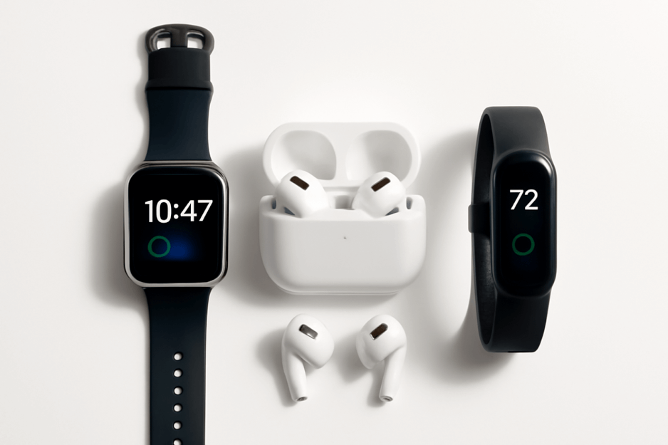 A minimalist white-background display of AI-powered wearable tech devices, representing the new era of smart watches, earbuds, and fitness trackers in 2025.