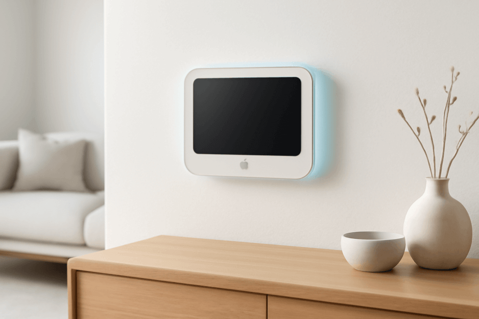 A realistic concept of Apple’s upcoming smart home wall-mounted display featuring a 6-inch screen and integrated AI features, part of the expanding HomePod ecosystem.