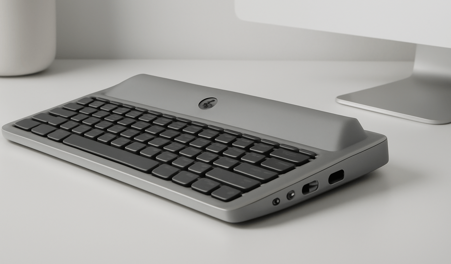 Elegant white-desk setup showing the HP Eliteboard G1a Keyboard PC, highlighting its integrated design and sleek build — a minimalist look representing next-gen keyboard PCs.